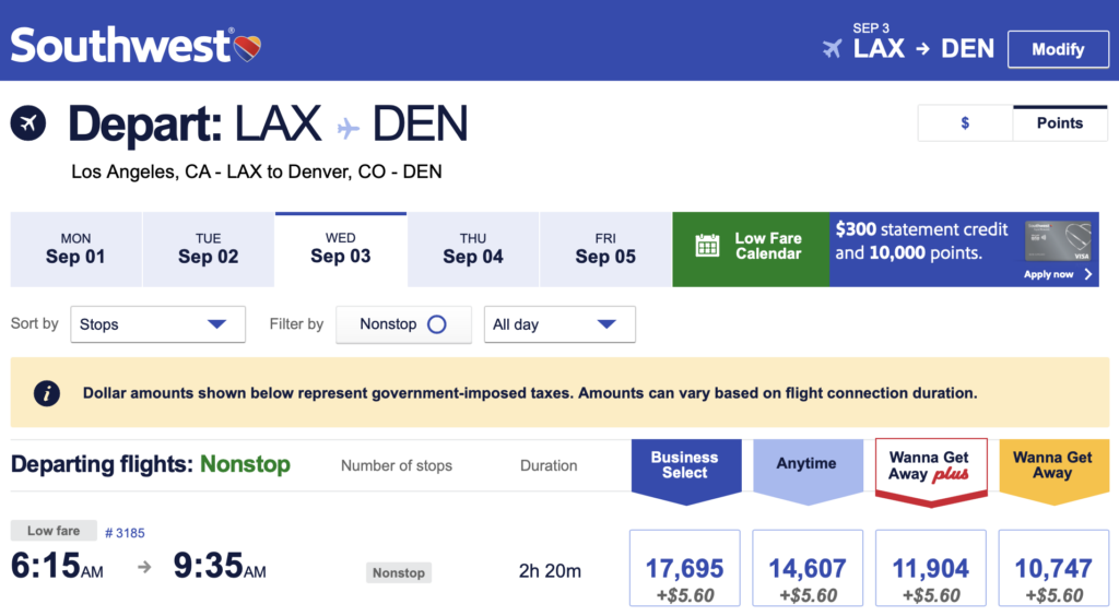 Southwest flight from LAX to DEN.